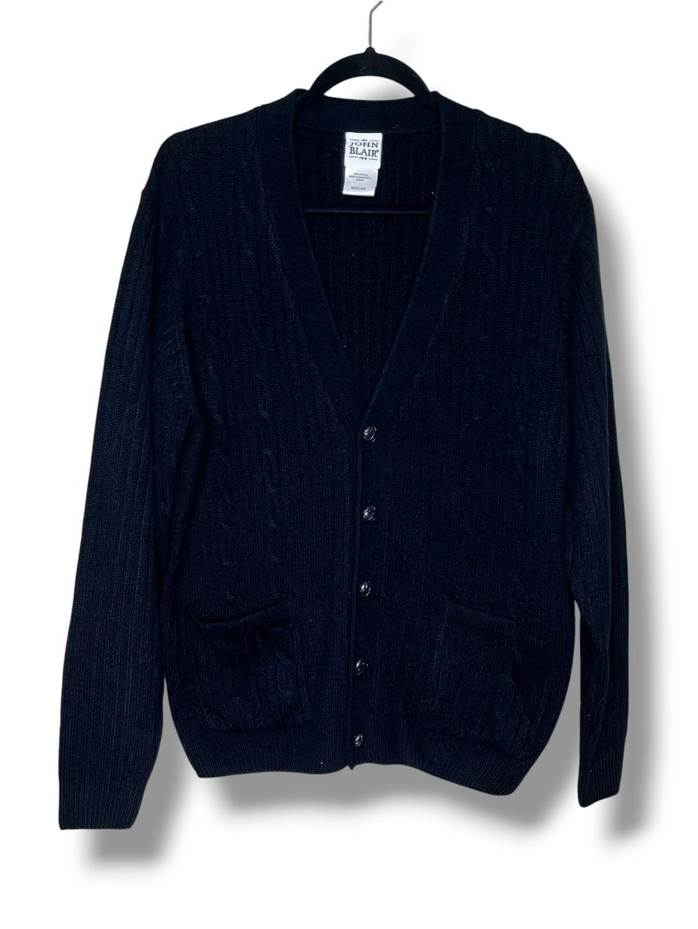 John Blair Retro Cardigan Sweater Cable Knit Button Front Black Pockets Medium